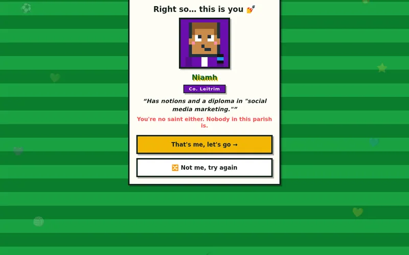 The character reveal screen, showing a randomly generated player, her county and a one-line bio