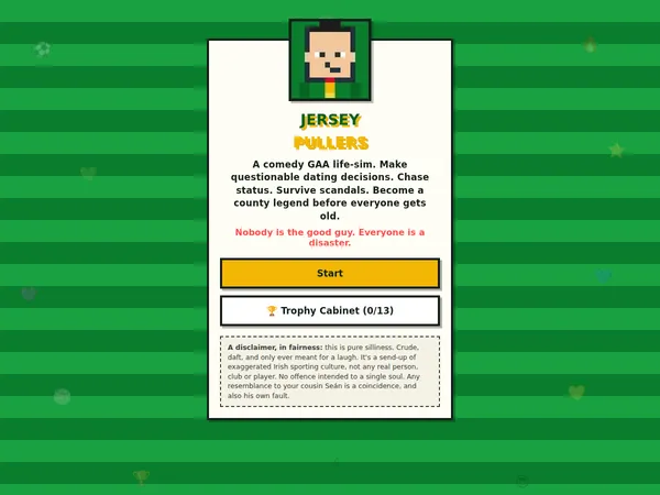 The Jersey Pullers title screen, with a pixel-art avatar over a green striped pitch