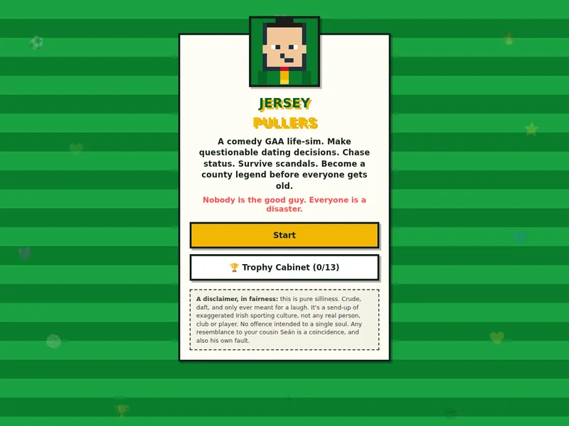 The Jersey Pullers title screen, with a pixel-art avatar over a green striped pitch