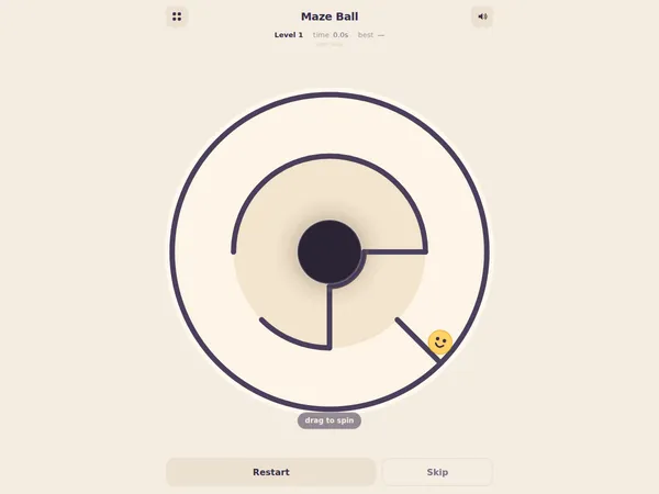 Maze Ball level one, a circular maze in cream and dark purple with a smiling yellow ball on the outer ring