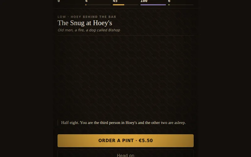 The Snug at Hoey's, showing the pub description, the price of a pint and the option to head on