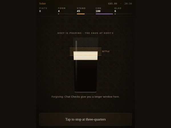 The Pour mini-game in Pintsman, showing a settling pint against the target band with the stat bar above it