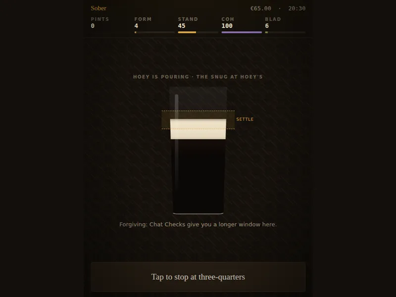 The Pour mini-game in Pintsman, showing a settling pint against the target band with the stat bar above it