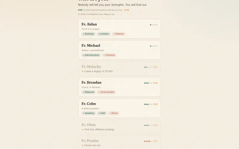 The priest selection screen, showing nine priests with their strengths, weaknesses and difficulty ratings