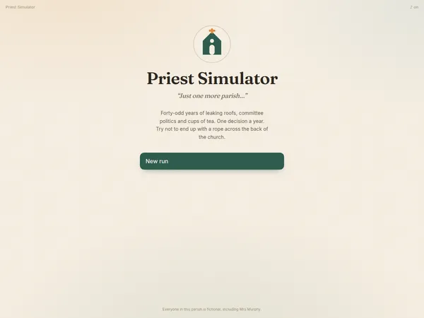The Priest Simulator title screen, with a small green church crest on a warm cream background