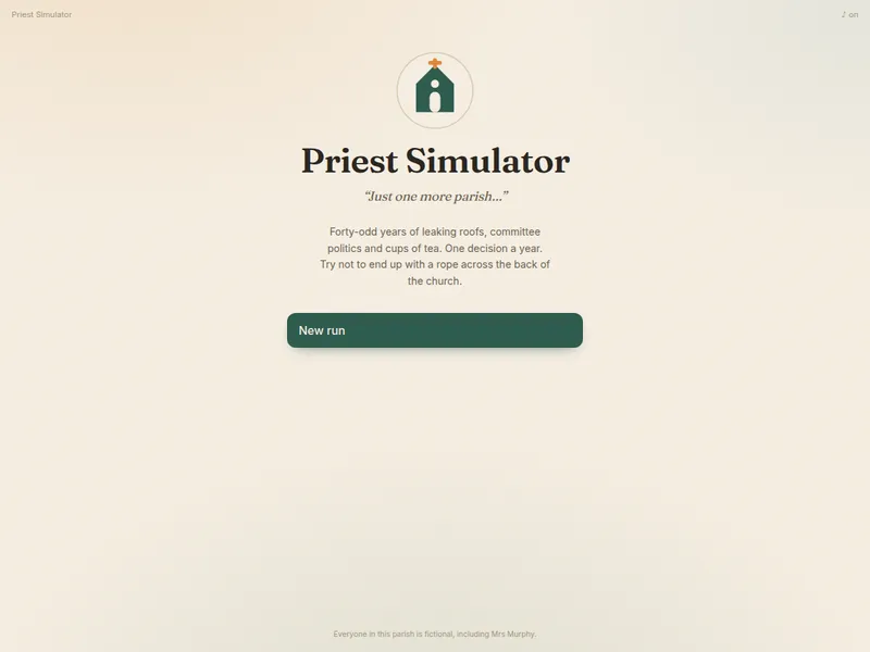 The Priest Simulator title screen, with a small green church crest on a warm cream background