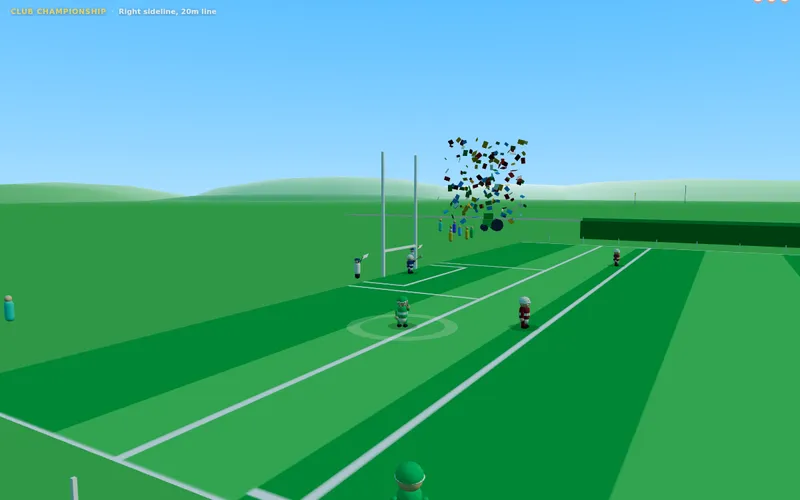 A scored point, with confetti bursting behind the posts and a score of 150 in the corner