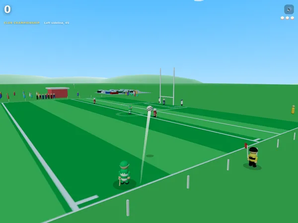 A sliotar mid flight from a sideline cut, its trail arcing towards the posts with the striker and a linesman on the pitch