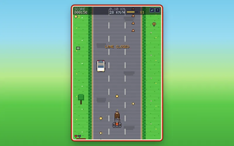 Gameplay showing the pony and trap in the centre lane, a car approaching and coins across the road