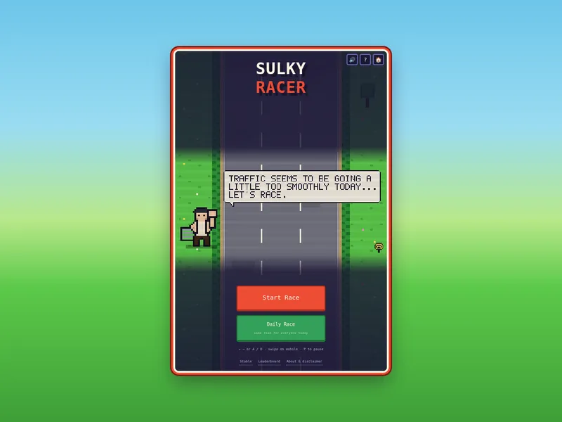 The Sulky Racer splash screen, with the game logo in chunky pixel art